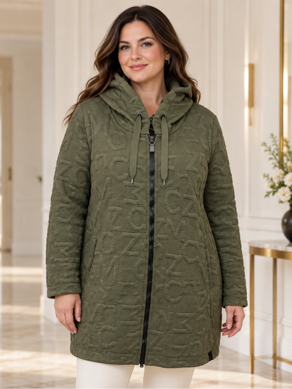Gorgeous  Graphic Textured Hooded Quilted Zip Jacket in Olive by Dolcezza❤️XL